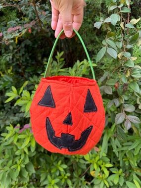Willow Ridge Orange Pumpkin Jack-O'-Lantern Treat Bag with Green Handle